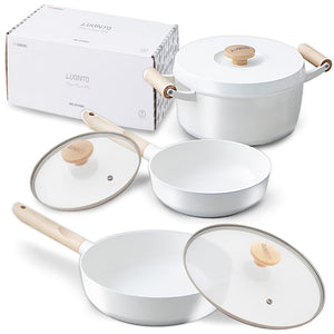 February Iris Ohyama LUO-SE6W Frying Pan and Pot 6-Piece Set, Luont, Gas FlameInduction Heat Compatible, Deep Type, Waterless Pot, White