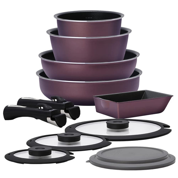 Iris Ohyama PDCI-S12S D-Plus Series Frying Pan and Pot Set, 12-Piece Set, For IH and Gas Stoves, Deep Type, Diamond Coated, With Graduations, Oven Cooking, Removable Handle, Egg Pan, Lid, Mulberry Purple,