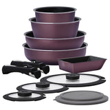 Iris Ohyama PDCI-S12S D-Plus Series Frying Pan and Pot Set, 12-Piece Set, For IH and Gas Stoves, Deep Type, Diamond Coated, With Graduations, Oven Cooking, Removable Handle, Egg Pan, Lid, Mulberry Purple,