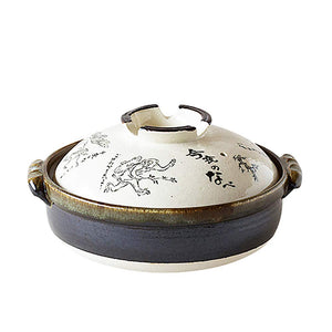 Saji Pottery 24-803 Banko Ware Earthenware Pot, No. 8, Bird and Beast Carica, Made in Japan, White, 8.5 fl oz (2400 ml)