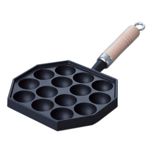 Iwachu 90033 Takoyaki Pot, 14 Holes (with Wooden Pattern), Induction Compatible, Hole Diameter: Approx. 1.6 inches (4 cm), Nambu Ironware Black