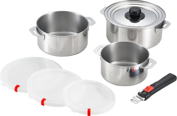 Yoshikawa YJ2293 Pot Set, Made in Japan, Removable Handle, 3 Pieces, 5.5 6.3 7.1 inches (14 16 18 cm), Stainless Steel, Going Good, Resin Lid, Silver