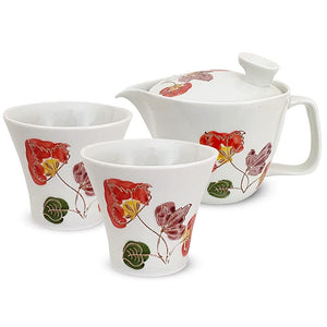 J-kitchens Inzan Kiln Teapot Set, Hasami Ware Made in Japan (Teapot Pair Tea Cup, Tea Bowl Set, 8.5 fl oz (240 ml), 4.1 fl oz (130 ml), For 1 - 2 People, Tea Strainer, Colorful Flowers