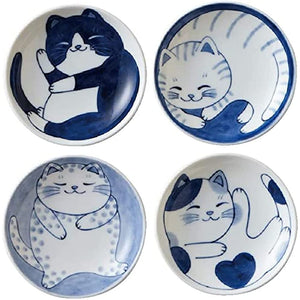 Japanese Small Plate Set, Ceramic, Cute Cat Design, Appetizer, Dessert, Sushi Sauce 3.94 x 0.8 Inch, Set of 4