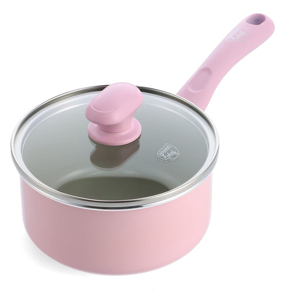 Green Chef Single-Handed Pot, Sauce Pan, 6.3 inches (16 cm), Induction Compatible, Ceramic Treatment, Inner and Exterior Surface, Non-Stick and Easy Care, No Harmful Substances, Earth Color, Quartz Pink