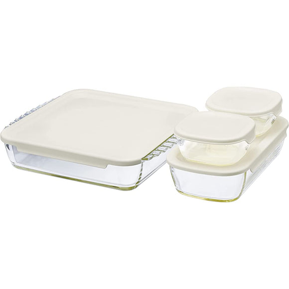 HARIO HKOZ-5004-OW Stacking Heat-Resistant Glass Container, Square, Set of 4, Full Capacity 8.4, 31.4 fl oz (250, 900, 2,000 ml), Lid Included, Microwave Safe, Oven Safe, Made in Japan, Large