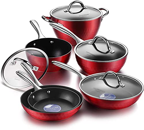 Umi-Pot Frying pan Mix set IH compatible 18-26 cm Stir-fry pan Sauce pan Lightweight frying pan Diamond-coated pan with non-stick glass lid-10-piece set, red