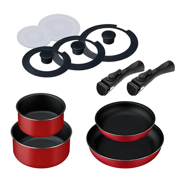 Iris Ohyama TF-SE11 Frying Pan and Pot Set, Gas Compatible with Both Gas Stove and Induction-heated Stove, 11-Piece Set, Removable Handle, Diamond Coating, Ricopa Colors, Red