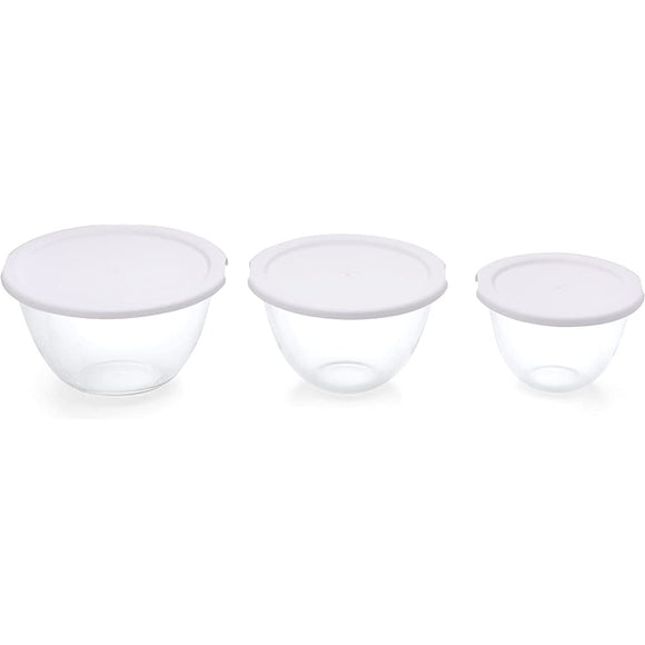 Hario Set of 3 Heat Resistant Glass Bowls with Range Lids, White, Clear