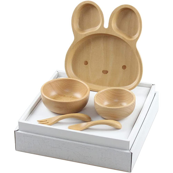 Fujishiro Craft Wooden Weaning Ceremony, Children's Dinnerware Set (5 Piece Rabbit Set)