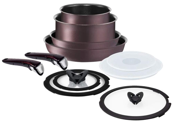 T-fal Frying Pan Set Ingenio Neo IH Burgundy Excellence Set 9 Butterfly Glass Lid 26cm Dedicated Handle FIG Brown