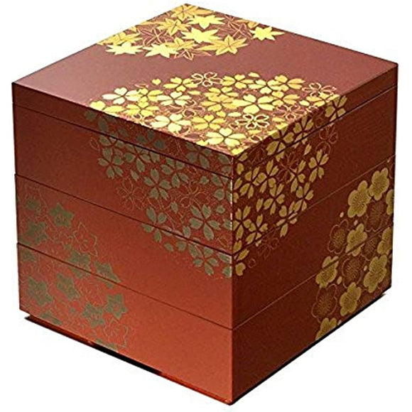 Kita-City Lacquerware Store KT2129A Heavy Box, Ancient Vermilion, 4.7 x 4.7 x 4.7 inches (12 x 12 x 12 cm), Hanamaru Spring and Autumn 4.0 3-Tier (Ancient Vermilion