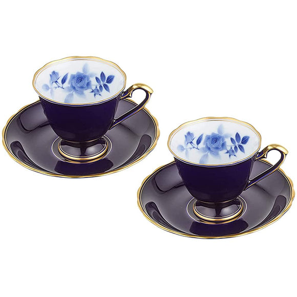 Koransha Something Blue Pair of Coffee, Cup & Saucer, 6.1 fl oz (180 ml), Glossy Lili Color, Arita Ware Made in Japan, Happiness Blue Rose, White Porcelain with a Lovely Blue Rose on the Inside of the