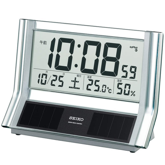 Seiko SQ690S Seiko Clock Table Clock, Hybrid Solar, Radio Controlled Digital Calendar, Temperature and Humidity Display, Silver, Metallic