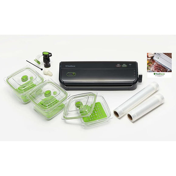 FoodSaver FM2000 Vacuum Sealer, Main Unit + 8 Pieces, Starter Set, Vacuum Pack, Low Temperature Cooking, Time-Saving Cooking, Hot Water Boil, Preparation Rest, Long Lasting Freshness, Easy Operation,