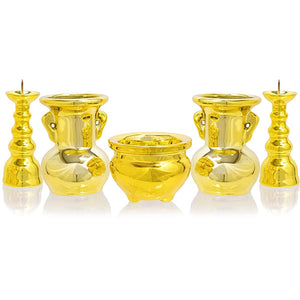 A&K Buddhist Hardware Gold Set of 5 (Ball Buddha Flower/Candlestick/Incense Burner) with Incense Burner Ash, Buddhist Tools Set, Ceramic
