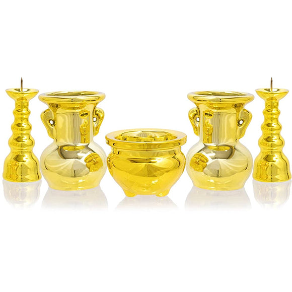 A&K Buddhist Hardware Gold Set of 5 (Ball Buddha Flower/Candlestick/Incense Burner) with Incense Burner Ash, Buddhist Tools Set, Ceramic
