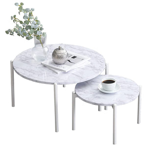Hagiwara LT-4666MWH Low Table, Nest Table, Round Desk, Marble Style Top x Steel Legs, Stylish, Modern, Living Room, Sofa Table, Large and Small, 2-Piece Set, White, Large, Width 25.2 inches (64 cm), Small: Width 17.3 inches (44 cm)