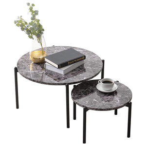 Hagiwara LT-4666MBK Low Table, Nesting Table, Round Desk, Marble Top and Steel Legs, Stylish, Modern, Living Room, Sofa Table, Large and Small, 2-Piece Set, Black, Large, Width 25.2 inches (64 cm), Small: Width 17.3 inches (44 cm)