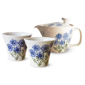 Jay Kitchens Inzan Kiln Teapot Set, Hasami Ware Made in Japan, 8.5 fl oz (240 ml), 4.1 fl oz (130 ml), For 1 - 2 People, Includes Tea Strainer, Wild Flowers, Blue