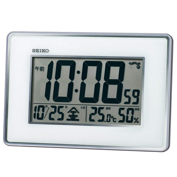 Seiko Clock SQ443S Wall Clock, Silver Metallic, Main Unit Size: 6.6 x 9.7 x 1.0 inches (16.7 x 24.7 x 2.7 cm), Radio Waves Correction, Digital, High Precision, Temperature and Humidity Display,