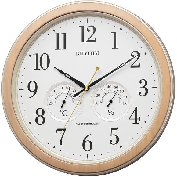 RHYTHM 8MY553SR23 Wall Clock, Brown (Wood Grain), Diameter 13.0 x 1.8 inches (33 x 4.5 cm), Radio Clock, Quiet, Continuous Second Hand, Includes Thermometer / Hygrometer