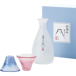 Cold Sake Set Good Fortune Sake Cup Mt. Fuji Sake Bottle and Cup Set contained in Gift Box Made in Japan Dishwasher Safe 1.2 fl oz (35 ml) x 2, Sake Bottle 9.1 fl oz (270 ml) G639-M76