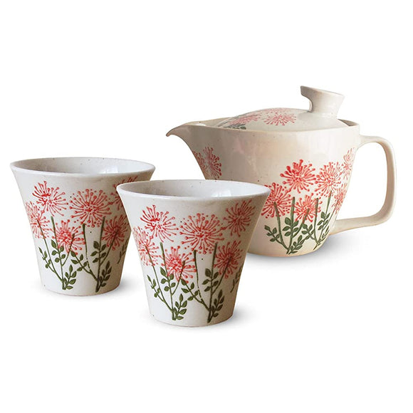 J-kitchens Yama Kiln Teapot Tea Cup Pair Set, Hasami Ware Made in Japan, 8.5 fl oz (240 ml), 4.6 fl oz (130 ml), For 1 - 2 People, Includes Tea Infuser, Wild Flower Red