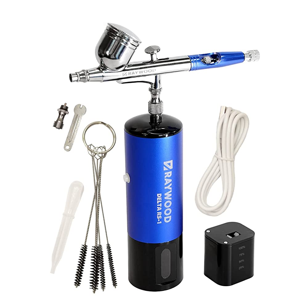 Raywood Airbrush Delta Rechargeable Compressor Set, USB Type-C, Double Action Cleaner, 5 Pieces, 0.01 inch (0.3 mm) Diameter, Small, Plastic Model