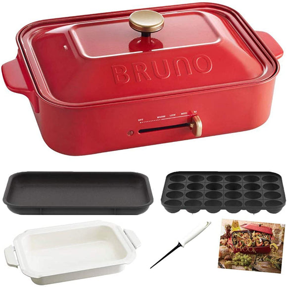 Bruno Compact Hot Plate BOE021-RD Set (3 Types of Plates, Red) Exclusive Takoyaki Pick + Recipes Included)