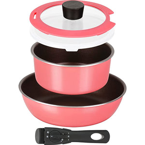 Wahei Freiz AMB-2414 Cookdeli Pot and Frying Pan, 5-Piece Set, Macaron Pink, Induction and Gas Compatible, Oven Cooking