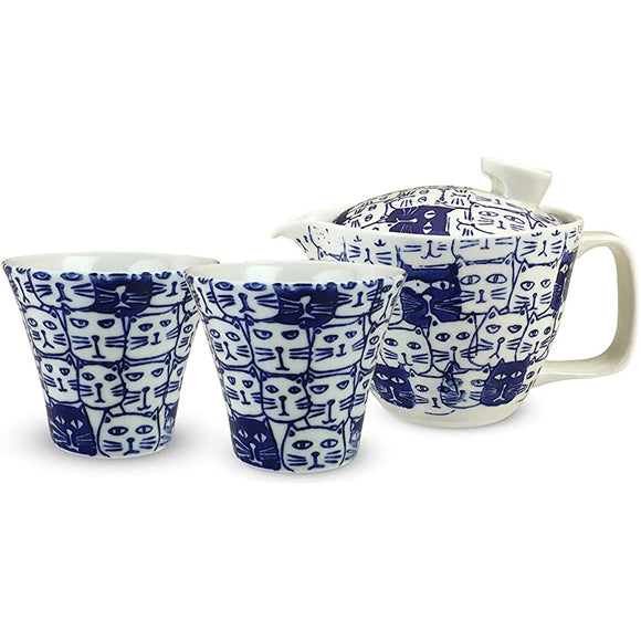 J-kitchens Inzan Kiln Teapot 8.1 fl oz (240 ml) & Pair Tea Cup Set, Hasami Ware Set, Made in Japan, For 1 to 2 People, Tea Strainer Included, Cats, Blue