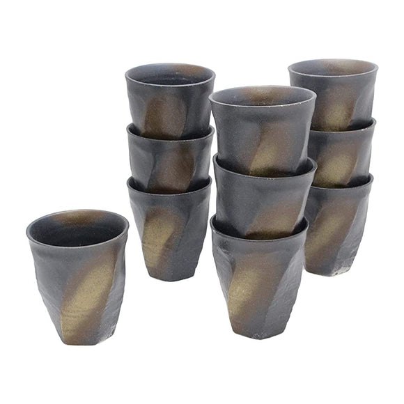 Mino Ware Japanese Style Cafe Series, Rough Twisting, Free Cup, Black Coloring Buzzing Ink, Set of 10