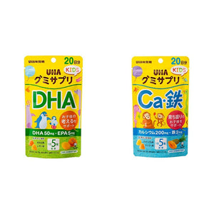 UHA Gummy Supplement Kids DHA Assorted Manganese and Lemon Flavors, Stand Pouch, 20 Day Supplies, 100 Tablets Calcium, Iron, Pineapple, Mango Flavors, Stand Pouch, 20 Days, 100 Tablets