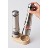 Russell Hobbs 7923JP Electric Salt &amp; Pepper Mill, Spice Grinder, Wooden Stand Included, Color: Silver, Set of 2