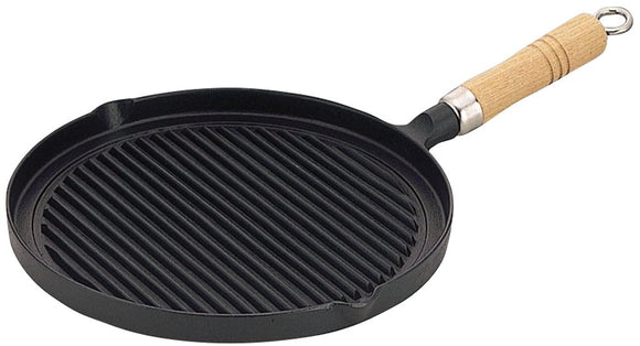 Ikenaga Ironwork Grill Pan, Induction Compatible, Steak Grill Pan, Black, With Wooden Handle, Size: Approx. Diameter 10.4 x Height 2.4 inches (26.4 x 6 cm), Made in Japan
