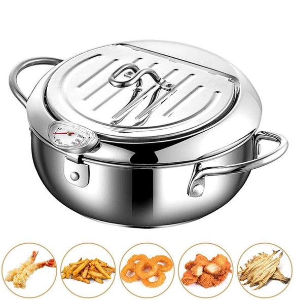Tempura Pot with Lid, Stainless Steel Frying Pan, with Thermometer, Temperature Control, Oil Cutting Fryer, Frying Fryer