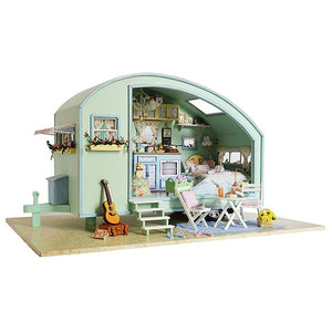 moin moin Dollhouse Miniature Handmade Kit Country French Camping House with LED Light + Music Box