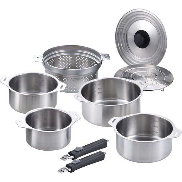 Wahei Freiz EM-033 Tsubamesanjo Pot with Removable Handle, 4-Piece Set, Steaming Stand, Colander, Stainless Steel, Induction Compatible, Enzo, Made in Japan