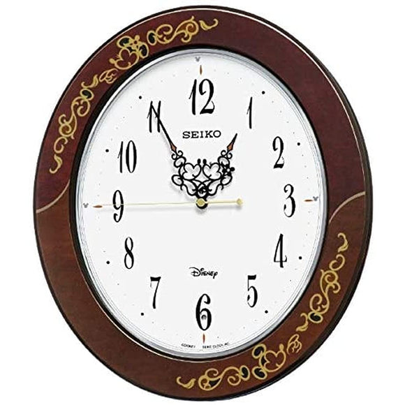 Seiko Clock FS510B Wall Clock, Character, Adult Disney Mickey Mouse, Minnie Mouse, Radio Controlled, Analog, Brown Arabesque Pattern, Glossy, Product Size: 14.6 x 12.6 x 2.4 inches (37.0 x 32.0