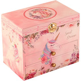 Wooden Kids Music Box Accessory Case Jewelry Box Girl with Mirror Toy Box (Unicorn Pink)