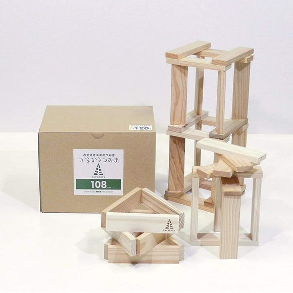 Karatatsumiki 108 (9 x 27 x 108 mm) 120 Pieces Educational Toy, Made in Japan, Unpainted Wooden Toy