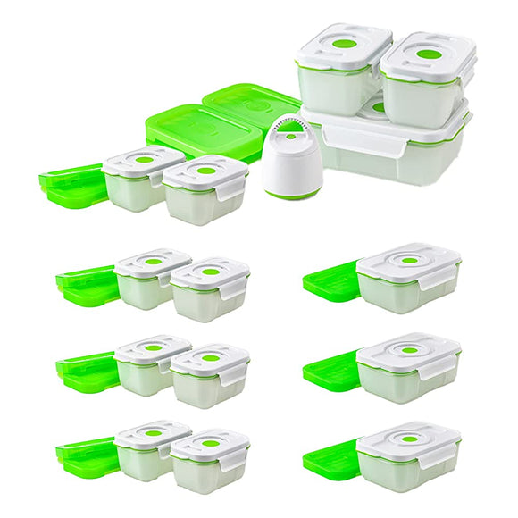 Shop Japan FOSAAM11 4 Square Set (10 Medium and 4 Large Pieces), Microwave Safe, Vacuum Storage Container, Vacuum Pack, Sealed Container, White x Green