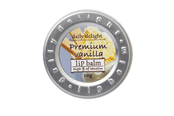 Daily Delight Lip Balm Premium Vanilla 10g (lip balm canned moisturizing cream for lips fine vanilla ice cream scent)