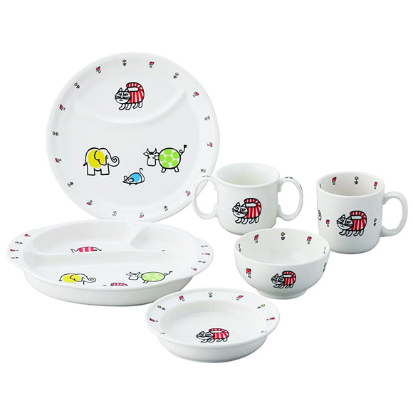 Lisa Larson LL50-115 Children's Tableware, 6-Piece Set (Kids Divider Plate, Two-Handed Mug, Lunch Plate, Rice Bowl, Mug, Plate Plate), Baby, Mikey Pattern (Comes in a decorative box), Children's