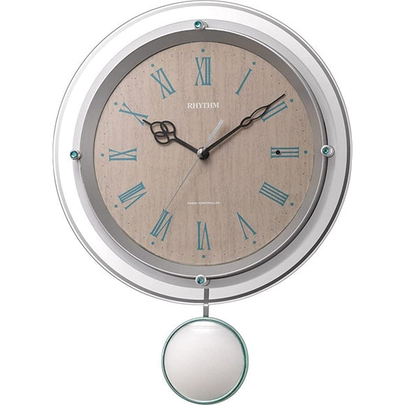 RHYTHM 8MX404SR03 Wall Clock, Radio Controlled Analog, Pendulum Sofrail, Crystal, Decoration, Continuous Second Hand, White (Dial: Light Brown Wood Grain), 14.6 x 11.0 x 2.6 inches (37.3 x 28.0