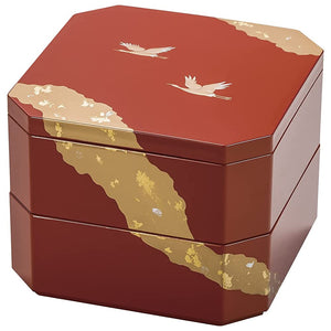 Maeju Lacquerware 6R-514 Heavy Box, 2 Tiers, Luminous, Vermilion, Red, Crane, Gold Mica, Osechi 6.9 inches (17.5 cm), Square, Traditional Crafts, Yamanaka Lacquerware, Made in Japan