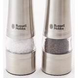 Russell Hobbs 7923JP Electric Salt &amp; Pepper Mill, Spice Grinder, Wooden Stand Included, Color: Silver, Set of 2