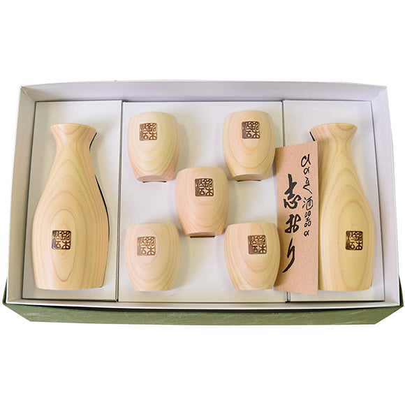 Kiso Craft Tokuri Wooden Hinoki Round Gui Cup, 7-Piece Set, Made in Japan