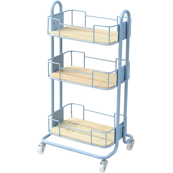 Yamazen BNT-3(SKY) Kitchen Wagon, Natural Trolley, Width 18.7 x Depth 15.0 x Height 35.8 inches (47.5 x 38 x 90.5 cm), With Casters, Wooden Shelf, Assembly, Sky Blue